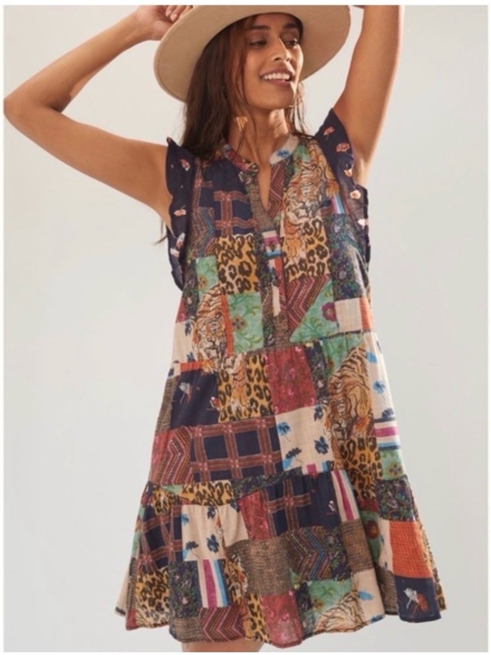 Anthropologie Pilcro Patchwork Multicolor Sleeveless Tiered Dress Size Medium - Picture 2 of 11